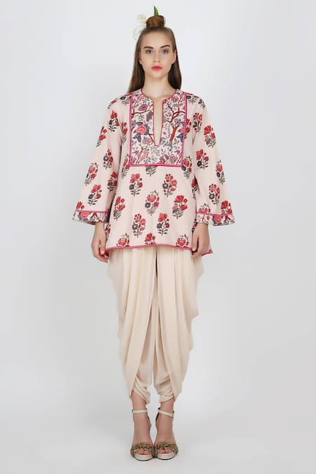 Nikasha_Beige Georgette, Poplin Round Printed Kurta And Dhoti Pant Set _Online_at_Aza_Fashions
