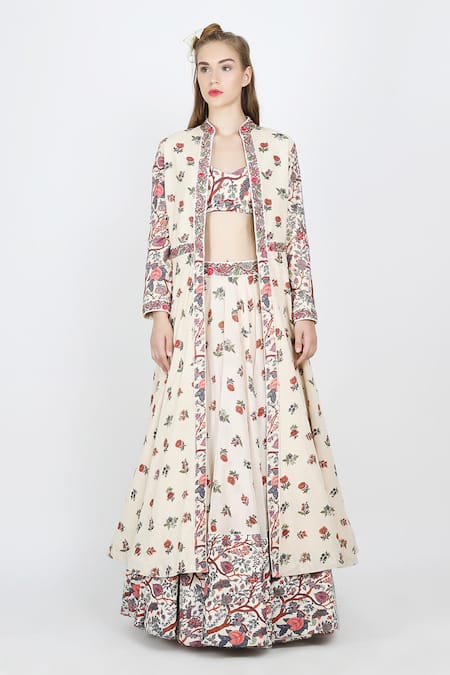 Nikasha_White , Silk Mandarin Collar, Printed Jacket And Lehenga Set _Online_at_Aza_Fashions