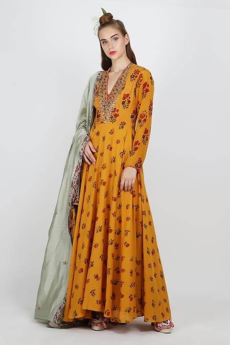 Nikasha_Yellow , Silk V Neck Printed Anarkali Set _Online_at_Aza_Fashions