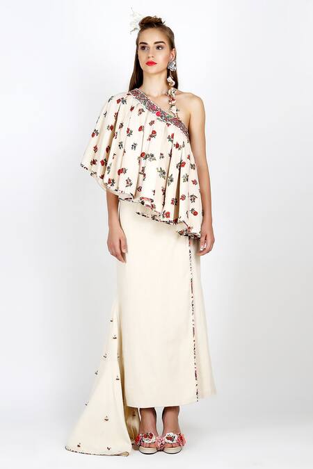 Nikasha White Cotton One Shoulder Printed Top And Wrap Skirt Set For Women