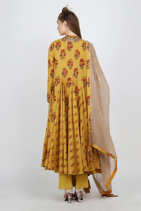 Shop_Nikasha_Yellow Cotton Silk Mandarin Collar Printed Anarkali And Pant Set _at_Aza_Fashions