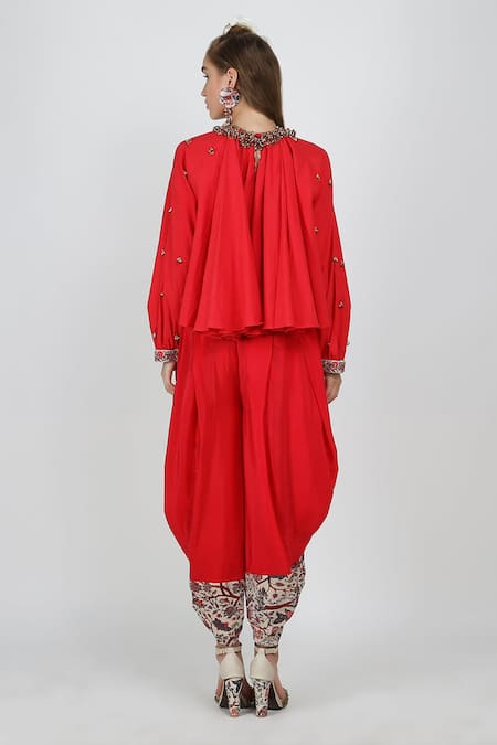Shop Nikasha Red Round Peasant Top And Dhoti Pant Set at Aza Fashions Shop_Nikasha_Red Round Peasant Top And Dhoti Pant Set _at_Aza_Fashions