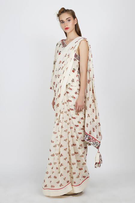 Nikasha_White Crepe, Georgette One Shoulder Printed Saree With Blouse _Online_at_Aza_Fashions