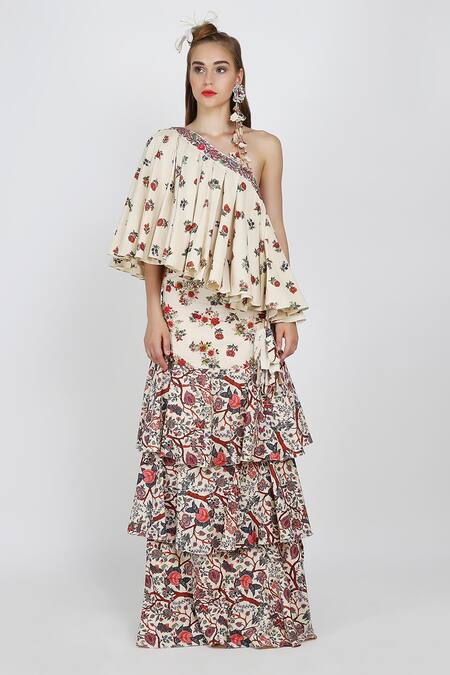 Nikasha_White One Shoulder Printed Top And Skirt Set _Online_at_Aza_Fashions