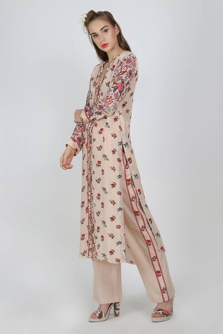 Nikasha_Beige Crepe, Poplin V Neck Printed Kurta And Pant Set _Online_at_Aza_Fashions