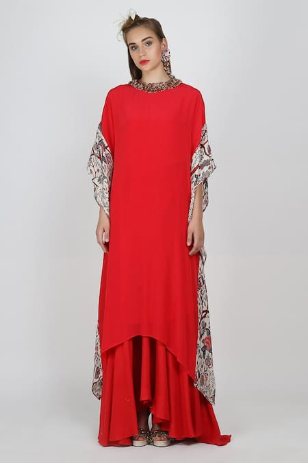 Nikasha_Red Kaftan Kurta With Asymmetric Skirt _Online_at_Aza_Fashions