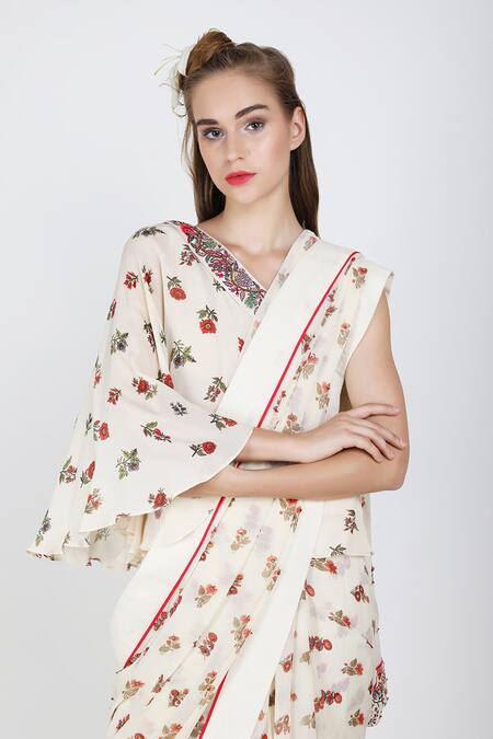 Buy_Nikasha_White Crepe, Georgette One Shoulder Printed Saree With Blouse _Online_at_Aza_Fashions
