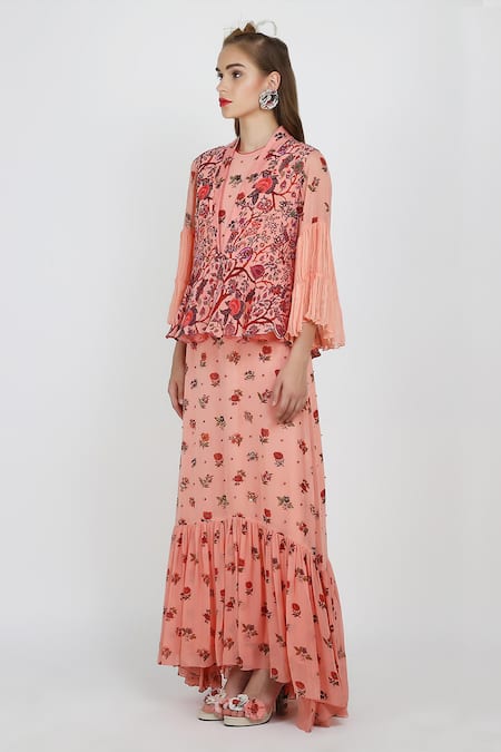 Nikasha Pink V-neck, Round Printed Maxi Dress With Jacket Online at Aza Fashions Nikasha_Pink V-neck, Round Printed Maxi Dress With Jacket _Online_at_Aza_Fashions