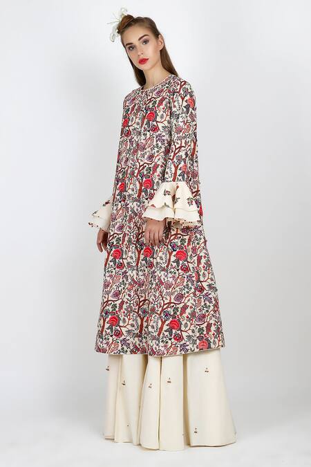 Nikasha_White Cotton Round Printed Backless Tunic And Pant Set _Online_at_Aza_Fashions