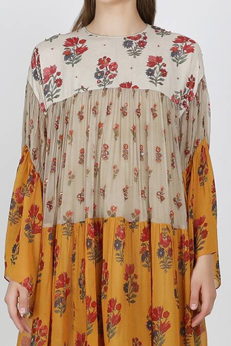 Buy_Nikasha_Yellow Round Printed Tiered Dress _Online_at_Aza_Fashions