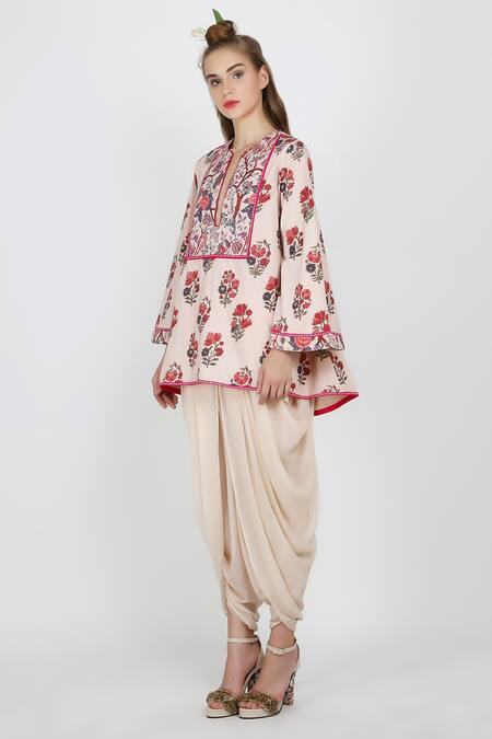 Buy_Nikasha_Beige Georgette, Poplin Round Printed Kurta And Dhoti Pant Set _Online_at_Aza_Fashions