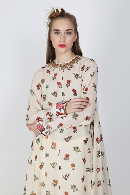Nikasha_White Round Printed Asymmetric Kurta And Gharara Set _Online_at_Aza_Fashions