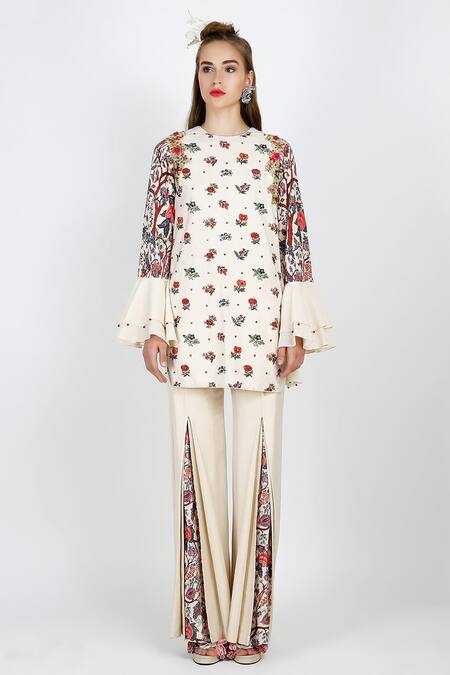 Nikasha_White Cotton Round Printed Tunic And Pant Set _Online_at_Aza_Fashions