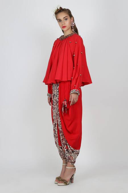 Nikasha Red Round Peasant Top And Dhoti Pant Set Online at Aza Fashions Nikasha_Red Round Peasant Top And Dhoti Pant Set _Online_at_Aza_Fashions