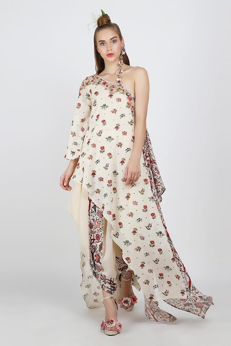 Nikasha White One Shoulder Printed Top And Dhoti Pant Set Online at Aza Fashions Nikasha_White One Shoulder Printed Top And Dhoti Pant Set _Online_at_Aza_Fashions