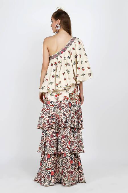 Shop_Nikasha_White One Shoulder Printed Top And Skirt Set _at_Aza_Fashions