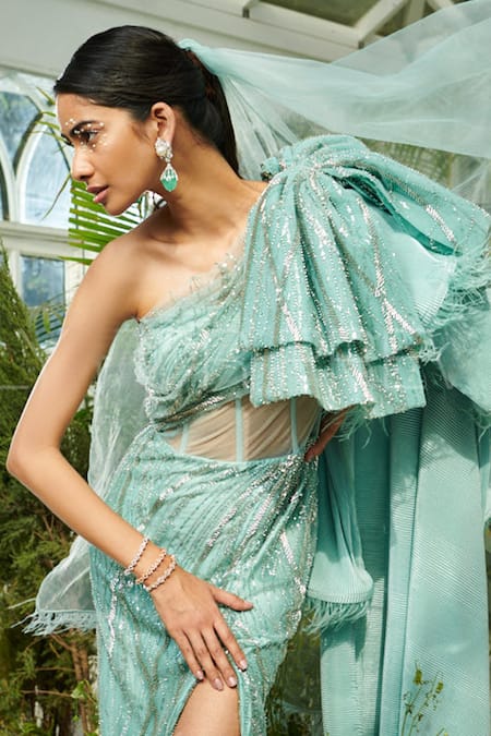 Kamaali Couture_Blue Net Embellished Sequin One Shoulder Structured Gown  _Online_at_Aza_Fashions