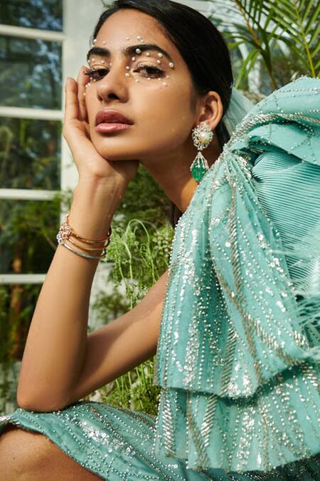 Shop_Kamaali Couture_Blue Net Embellished Sequin One Shoulder Structured Gown  _Online_at_Aza_Fashions