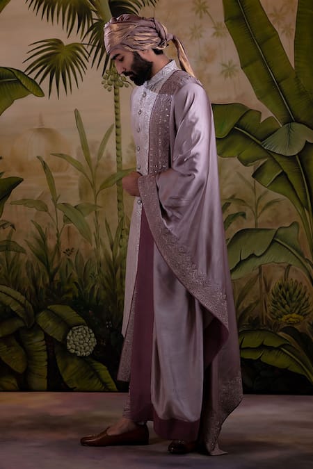 Punit Arora_Pink Silk Jacquard Thread Ornamental Embroidered Sherwani Set _Online_at_Aza_Fashions