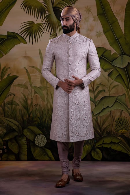 Buy_Punit Arora_Pink Silk Jacquard Thread Ornamental Embroidered Sherwani Set _Online_at_Aza_Fashions