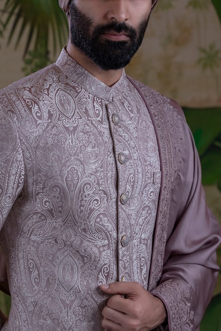 Shop_Punit Arora_Pink Silk Jacquard Thread Ornamental Embroidered Sherwani Set _Online_at_Aza_Fashions