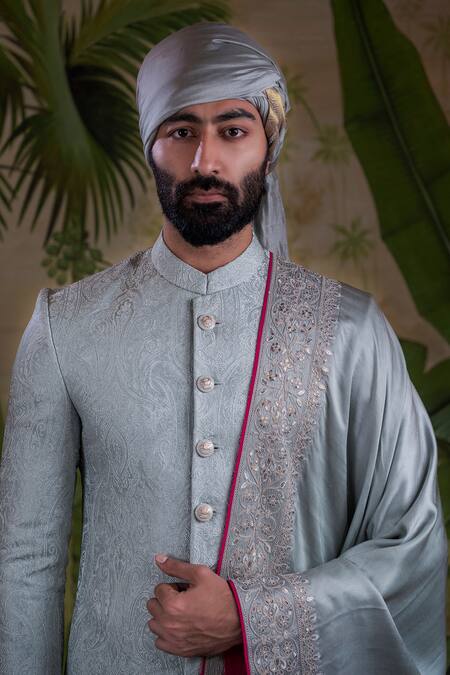 Punit Arora_Grey Poly Silk Jacquard Sequins, Thread, Ornamental Embroidered Sherwani Set _Online_at_Aza_Fashions