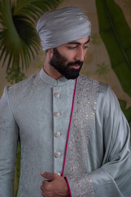 Buy_Punit Arora_Grey Poly Silk Jacquard Sequins, Thread, Ornamental Embroidered Sherwani Set _Online_at_Aza_Fashions