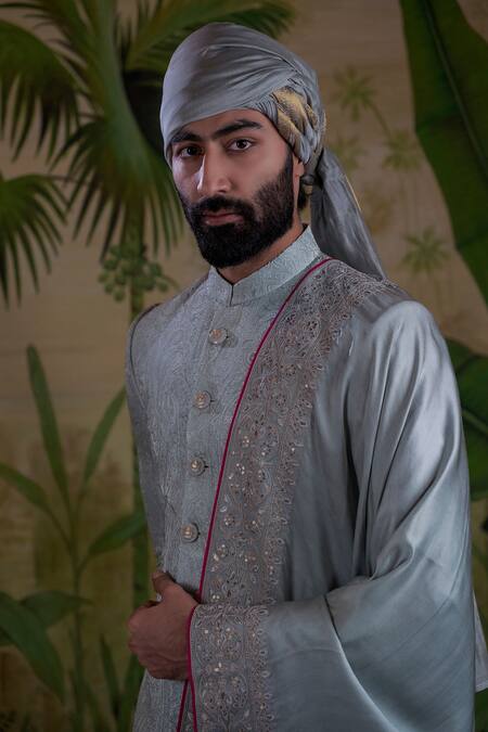 Shop_Punit Arora_Grey Poly Silk Jacquard Sequins, Thread, Ornamental Embroidered Sherwani Set _Online_at_Aza_Fashions