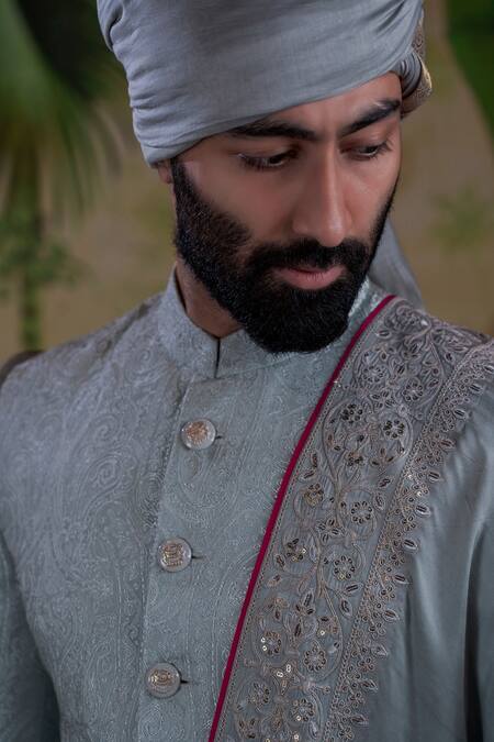 Punit Arora_Grey Poly Silk Jacquard Sequins, Thread, Ornamental Embroidered Sherwani Set _at_Aza_Fashions