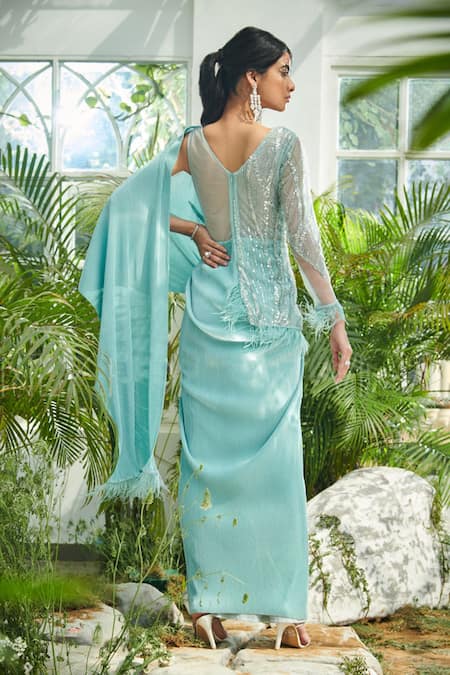 Shop_Kamaali Couture_Green Satin Embellished Feathers V Neck Draped Saree Gown  _at_Aza_Fashions