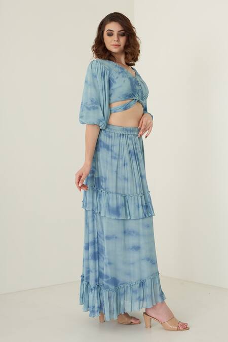 Merge Design_Blue Chiffon V Neck Tie Dye Crop Top And Skirt Set_Online_at_Aza_Fashions