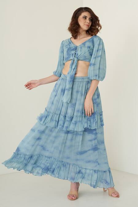 Buy_Merge Design_Blue Chiffon V Neck Tie Dye Crop Top And Skirt Set_Online_at_Aza_Fashions