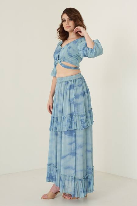 Shop_Merge Design_Blue Chiffon V Neck Tie Dye Crop Top And Skirt Set_Online_at_Aza_Fashions