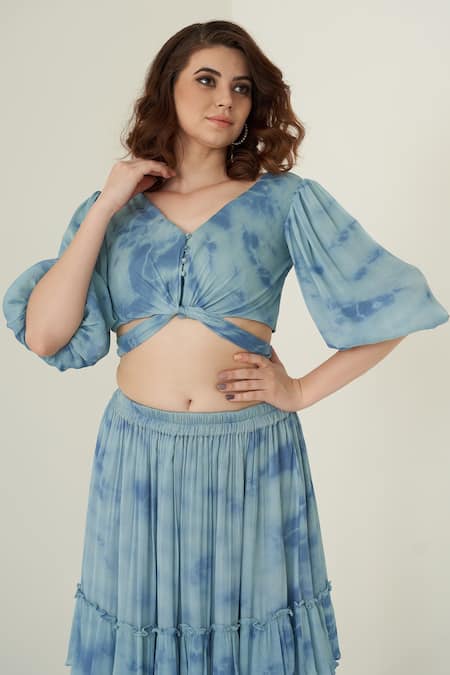 Merge Design_Blue Chiffon V Neck Tie Dye Crop Top And Skirt Set_at_Aza_Fashions