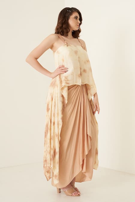 Merge Design Peach Sequin Square Neck Tie Dye Top And Dhoti Skirt Set Online at Aza Fashions Merge Design_Peach Sequin Square Neck Tie Dye Top And Dhoti Skirt Set _Online_at_Aza_Fashions