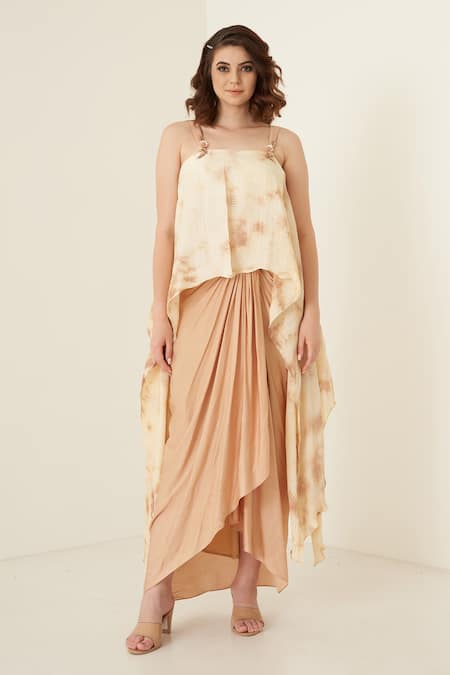 Buy Merge Design Peach Sequin Square Neck Tie Dye Top And Dhoti Skirt Set Online at Aza Fashions Buy_Merge Design_Peach Sequin Square Neck Tie Dye Top And Dhoti Skirt Set _Online_at_Aza_Fashions