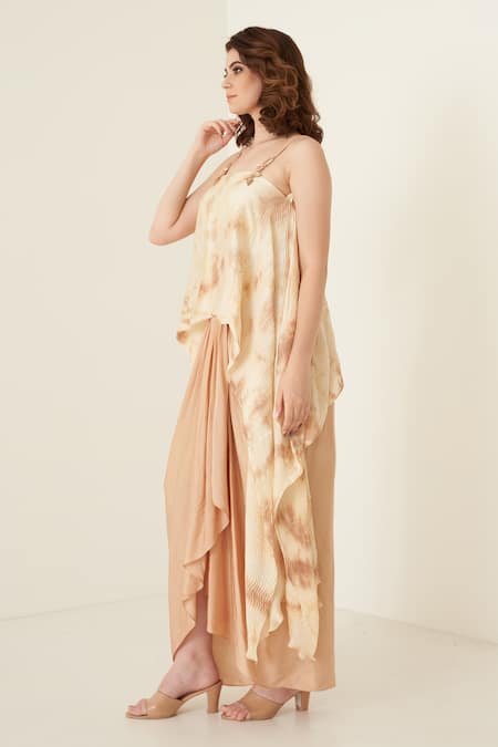 Shop Merge Design Peach Sequin Square Neck Tie Dye Top And Dhoti Skirt Set Online at Aza Fashions Shop_Merge Design_Peach Sequin Square Neck Tie Dye Top And Dhoti Skirt Set _Online_at_Aza_Fashions