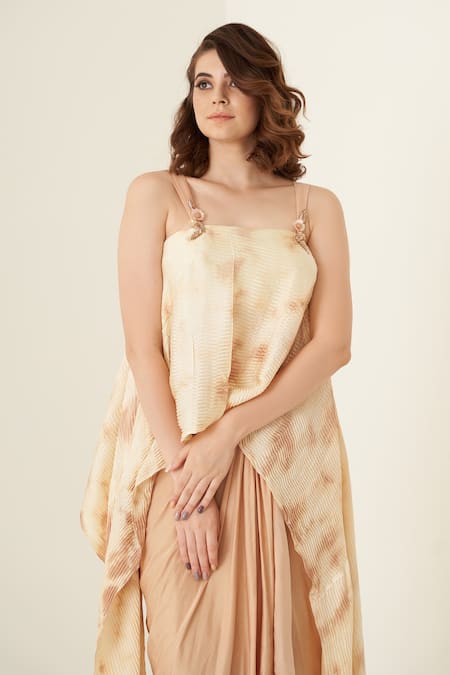 Merge Design Peach Sequin Square Neck Tie Dye Top And Dhoti Skirt Set at Aza Fashions Merge Design_Peach Sequin Square Neck Tie Dye Top And Dhoti Skirt Set _at_Aza_Fashions