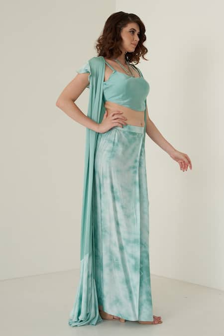 Merge Design_Blue Sequin Scoop Neck Long Shrug And Dhoti Skirt Set_Online_at_Aza_Fashions