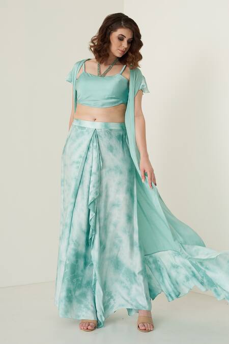 Buy_Merge Design_Blue Sequin Scoop Neck Long Shrug And Dhoti Skirt Set_Online_at_Aza_Fashions