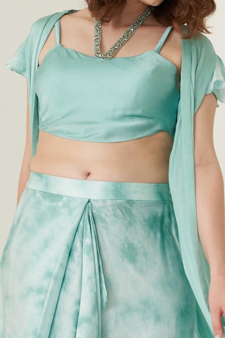 Merge Design_Blue Sequin Scoop Neck Long Shrug And Dhoti Skirt Set_at_Aza_Fashions