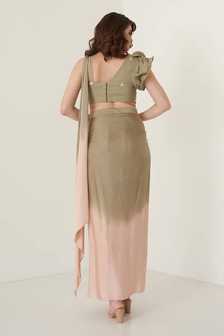 Shop_Merge Design_Green Sequin And Pearl Sweetheart Neck Embroidered Blouse & Dhoti Skirt Set _at_Aza_Fashions