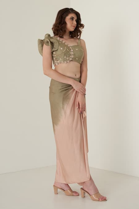 Merge Design_Green Sequin And Pearl Sweetheart Neck Embroidered Blouse & Dhoti Skirt Set _Online_at_Aza_Fashions