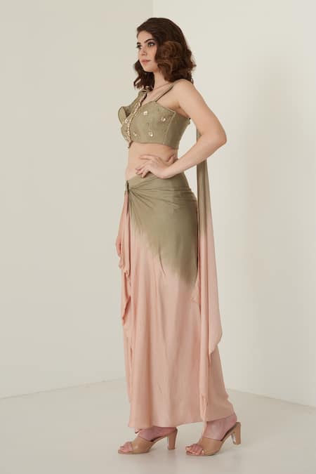 Shop_Merge Design_Green Sequin And Pearl Sweetheart Neck Embroidered Blouse & Dhoti Skirt Set _Online_at_Aza_Fashions