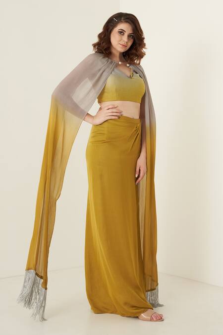 Merge Design_Yellow Sequin And Pearl V Neck Shaded Shrug & Skirt Set _Online_at_Aza_Fashions