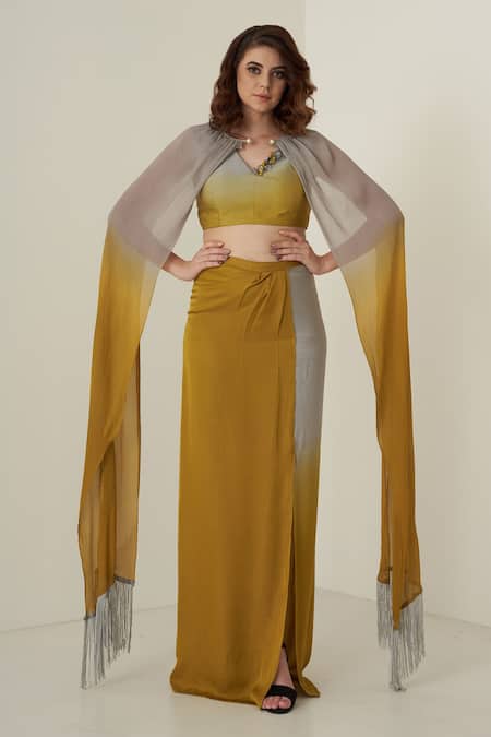 Shop_Merge Design_Yellow Sequin And Pearl V Neck Shaded Shrug & Skirt Set _Online_at_Aza_Fashions