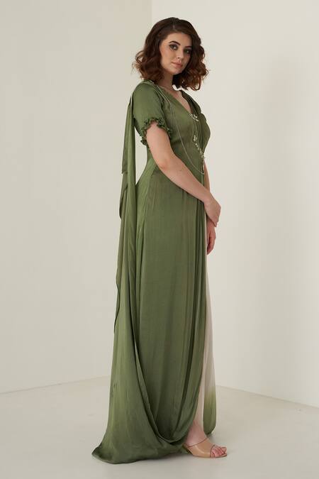 Merge Design Green Modal Satin Sequin, Cutdana And Beads V Neck Ombre Pleated Gown Online at Aza Fashions Merge Design_Green Modal Satin Sequin, Cutdana And Beads V Neck Ombre Pleated Gown_Online_at_Aza_Fashions