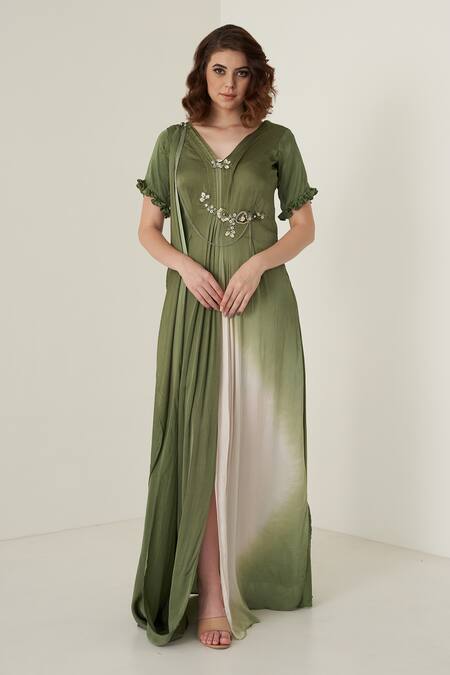 Buy Merge Design Green Modal Satin Sequin, Cutdana And Beads V Neck Ombre Pleated Gown Online at Aza Fashions Buy_Merge Design_Green Modal Satin Sequin, Cutdana And Beads V Neck Ombre Pleated Gown_Online_at_Aza_Fashions