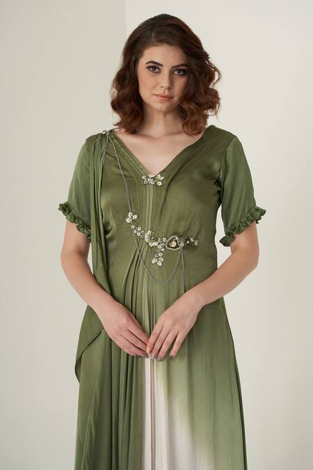 Shop Merge Design Green Modal Satin Sequin, Cutdana And Beads V Neck Ombre Pleated Gown Online at Aza Fashions Shop_Merge Design_Green Modal Satin Sequin, Cutdana And Beads V Neck Ombre Pleated Gown_Online_at_Aza_Fashions