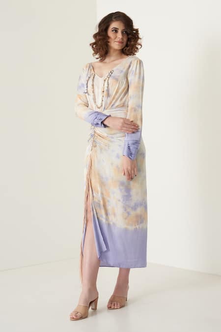 Buy_Merge Design_Purple Modal Satin Plain V Neck Tie Dye Ombre Shift Dress_Online_at_Aza_Fashions